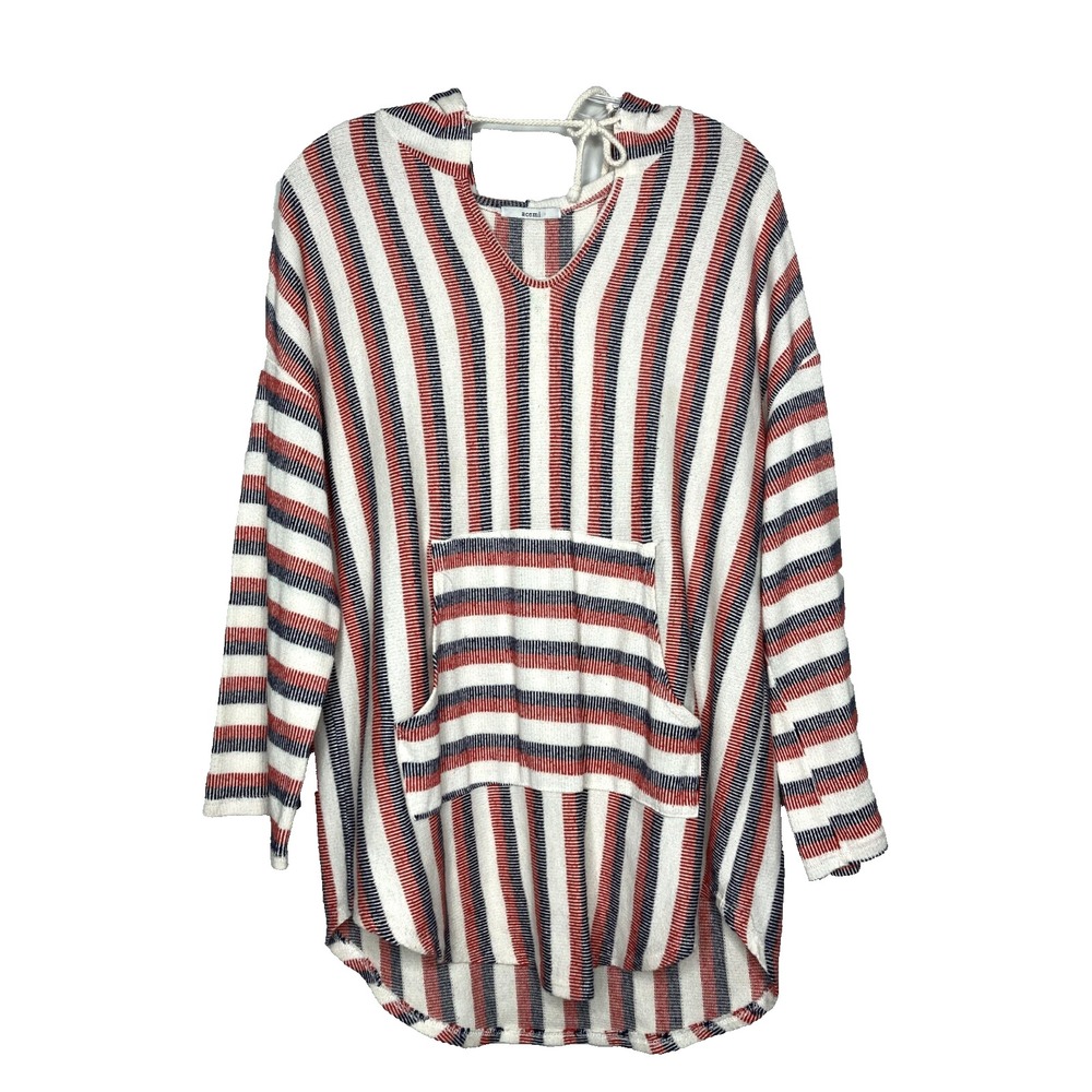 ACEMI Top Women L Drawstring Hoodie Kangaroo Pocket Red Navy Cream Knit